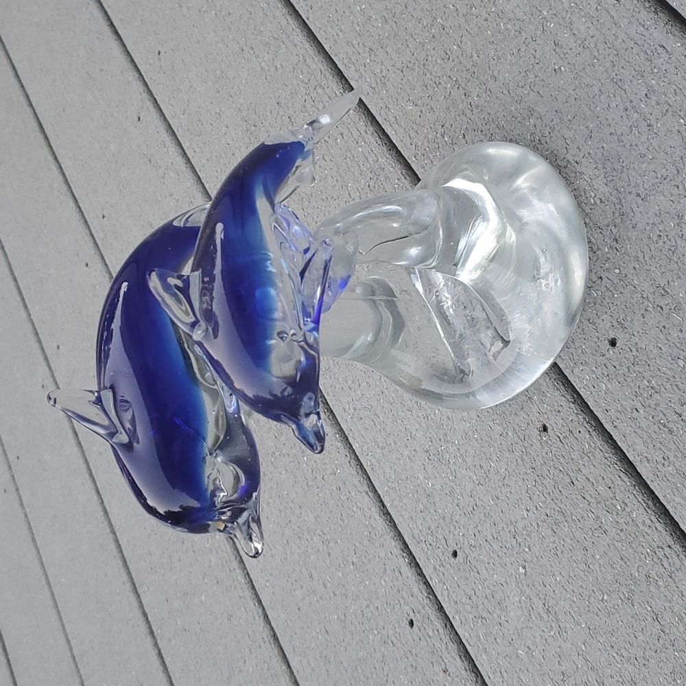 Glass Sapphire Blue Dolphins on Clear Stand